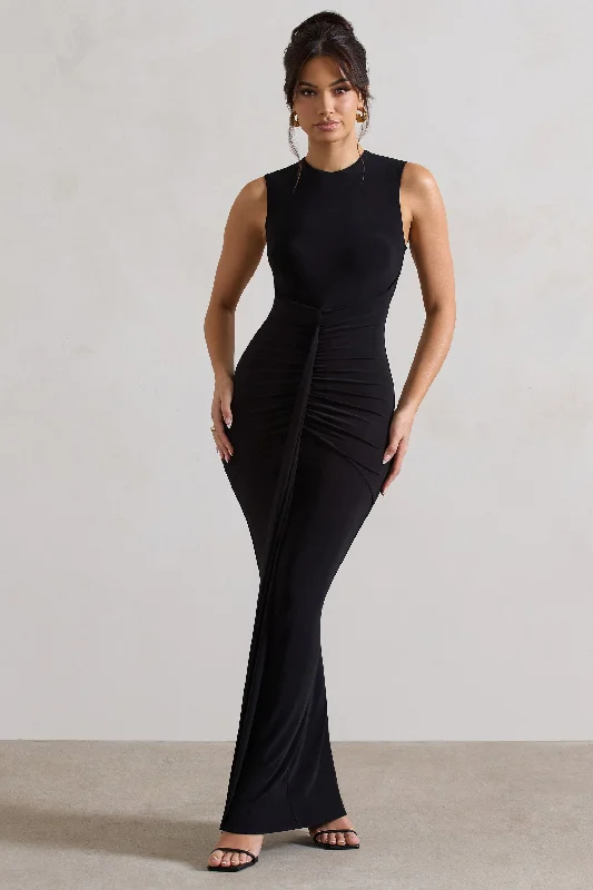 Alexa | Black High-Neck Gathered Maxi Dress With Drape Trendy Button Front Maxi Dress