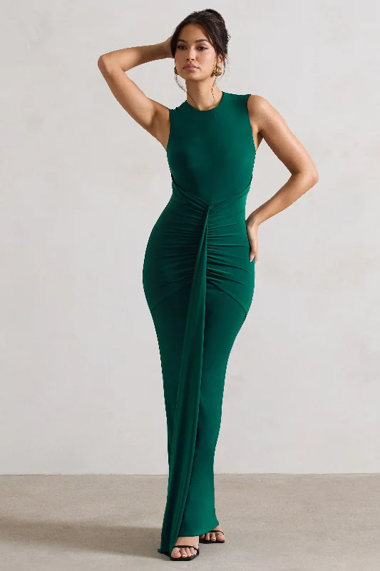 Alexa | Bottle Green High-Neck Gathered Maxi Dress With Drape Elegant Silk Maxi Dress