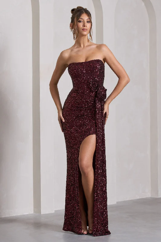 Alexandria | Burgundy Sequin Corset Maxi Dress With Flowers Comfortable T-Shirt Maxi Dress