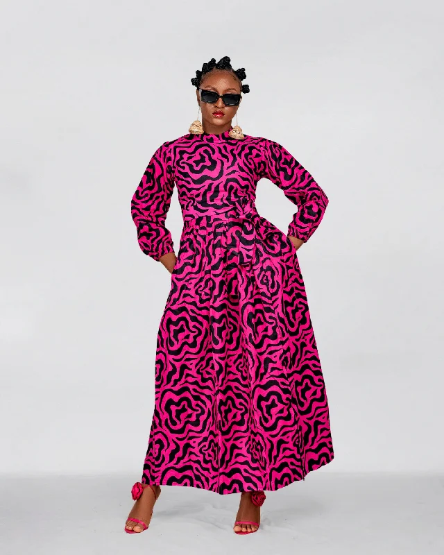 Anna Ankara Maxi Dress | Pink and Black African Print Comfortable Fit-and-Flare Maxi Dress