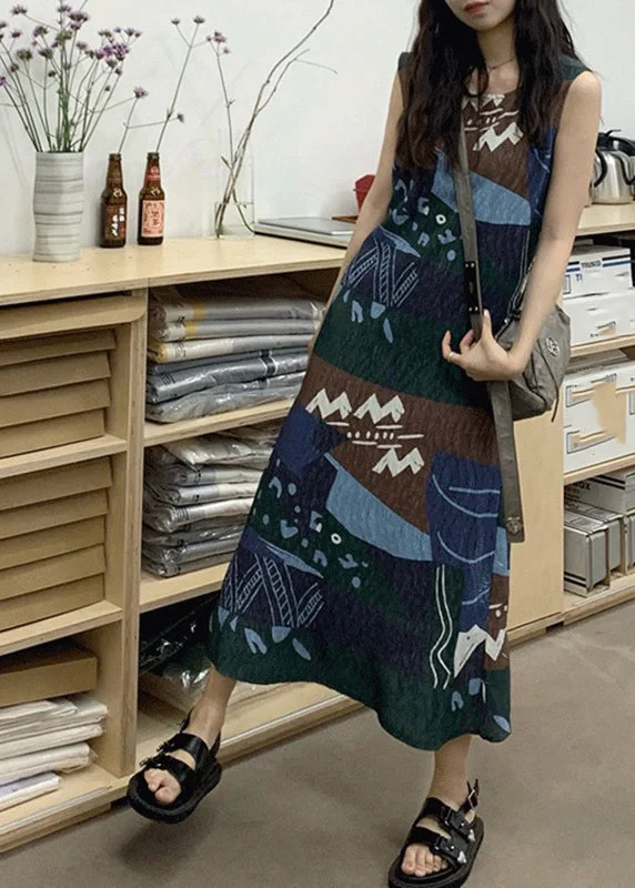 Art Colorblock O-Neck Print Maxi Dress Sleeveless Stylish Off-Shoulder Maxi Dress