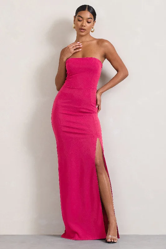 Belle of The Ball | Hot Pink Bandeau Maxi Dress With Split Hem Elegant Sleeveless Maxi Dress