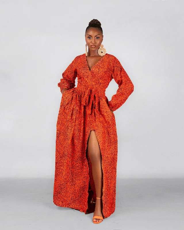 Bianca Ankara Maxi Dress | Orange African Print Elegant Maxi Dress with Pockets