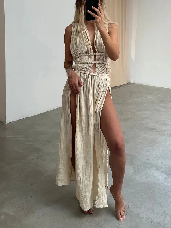 Boho Braids Belt Cutout Graceful Slit Kaftan Maxi Dress Elegant Maxi Dress with Belt