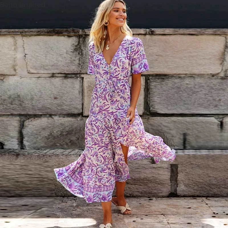 Boho Inspired Purple Floral Maxi Dress Cozy Cold-Shoulder Maxi Dress