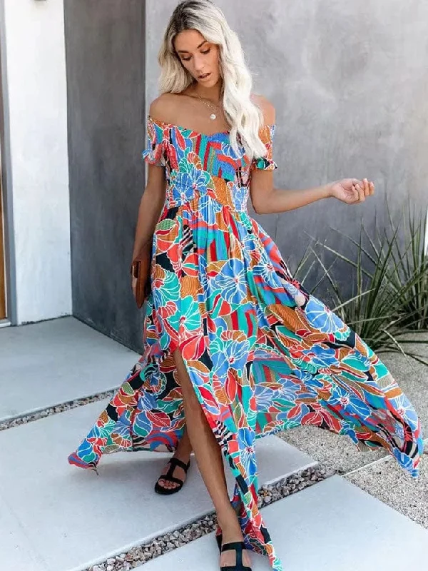 Boho Off Shoulder Colorful Floral Maxi Dress Elegant Sleeveless Maxi Dress