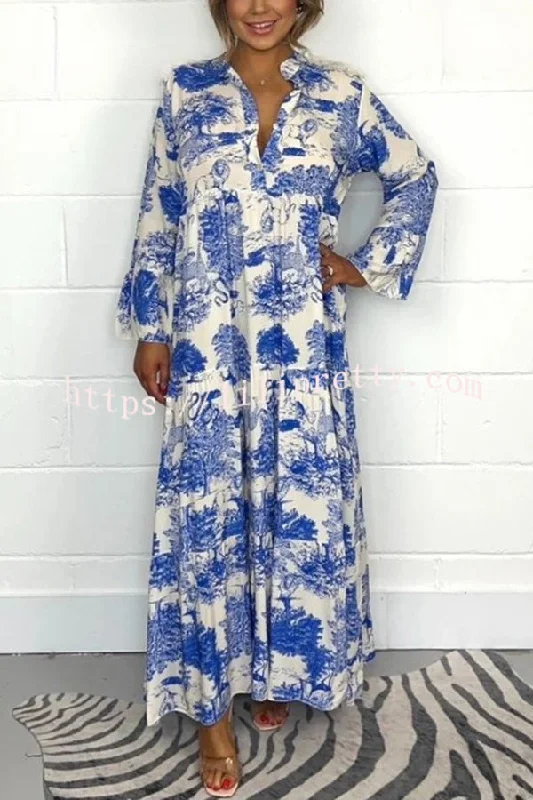 Botanical Print Casual V-neck Trumpet Sleeve Maxi Dress Comfortable Bohemian Maxi Dress