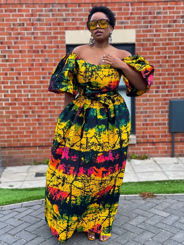 Brenie Ankara Off Shoulder Maxi Dress | Green and Yellow Multicoloured African Print Comfortable Plunging Neckline Maxi Dress