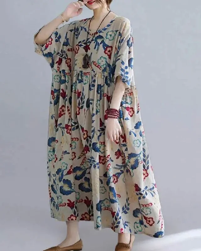 Casual Floral Printed Loose Fit O-neck Women Maxi Dress Fashionable Open-Back Maxi Dress