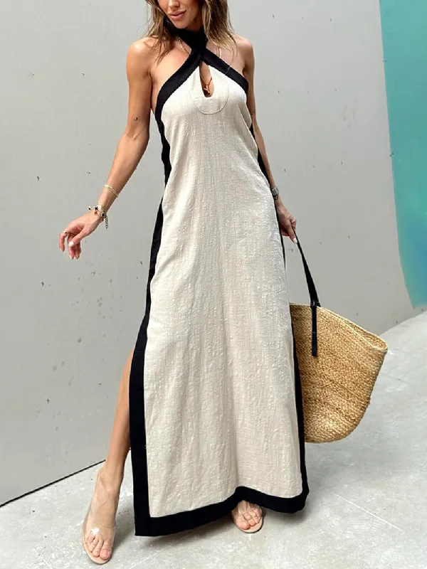 Color Block Halter Charming Neck Slit Maxi Dress Elegant Pleated Maxi Dress