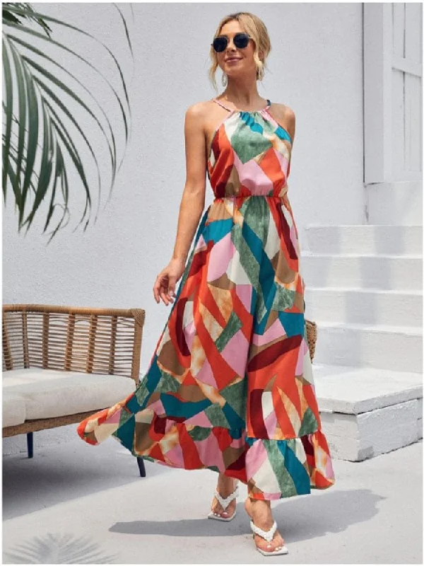 Colorful Boho Summer Halter Maxi Dress Cozy Spaghetti Strap Maxi Dress