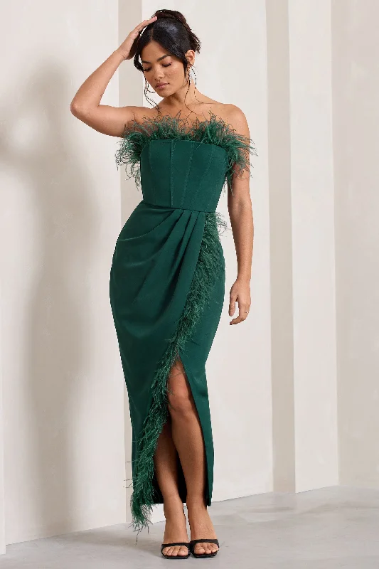 Cosmo | Bottle Green Bandeau Feather Corset Split Maxi Dress Comfortable T-Shirt Maxi Dress