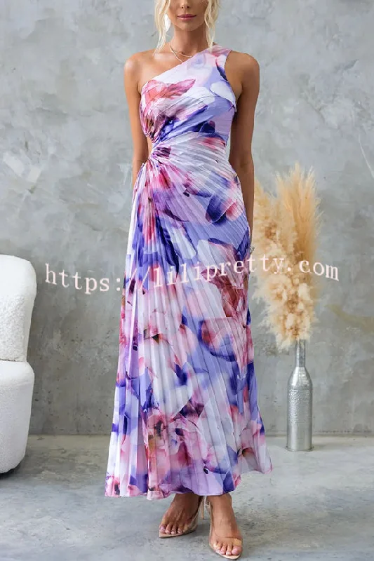 Laken Floral Print One Shoulder Adjustable Tie Cutout Pleated Maxi Dress Fashionable Off-Shoulder Maxi Dress