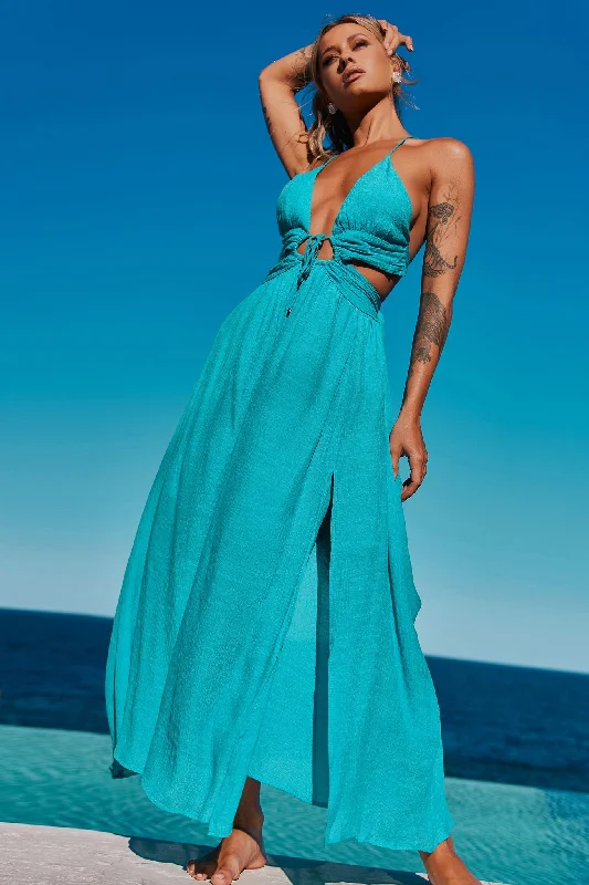 Dolly Maxi Dress - Aqua Trendy Button Front Maxi Dress