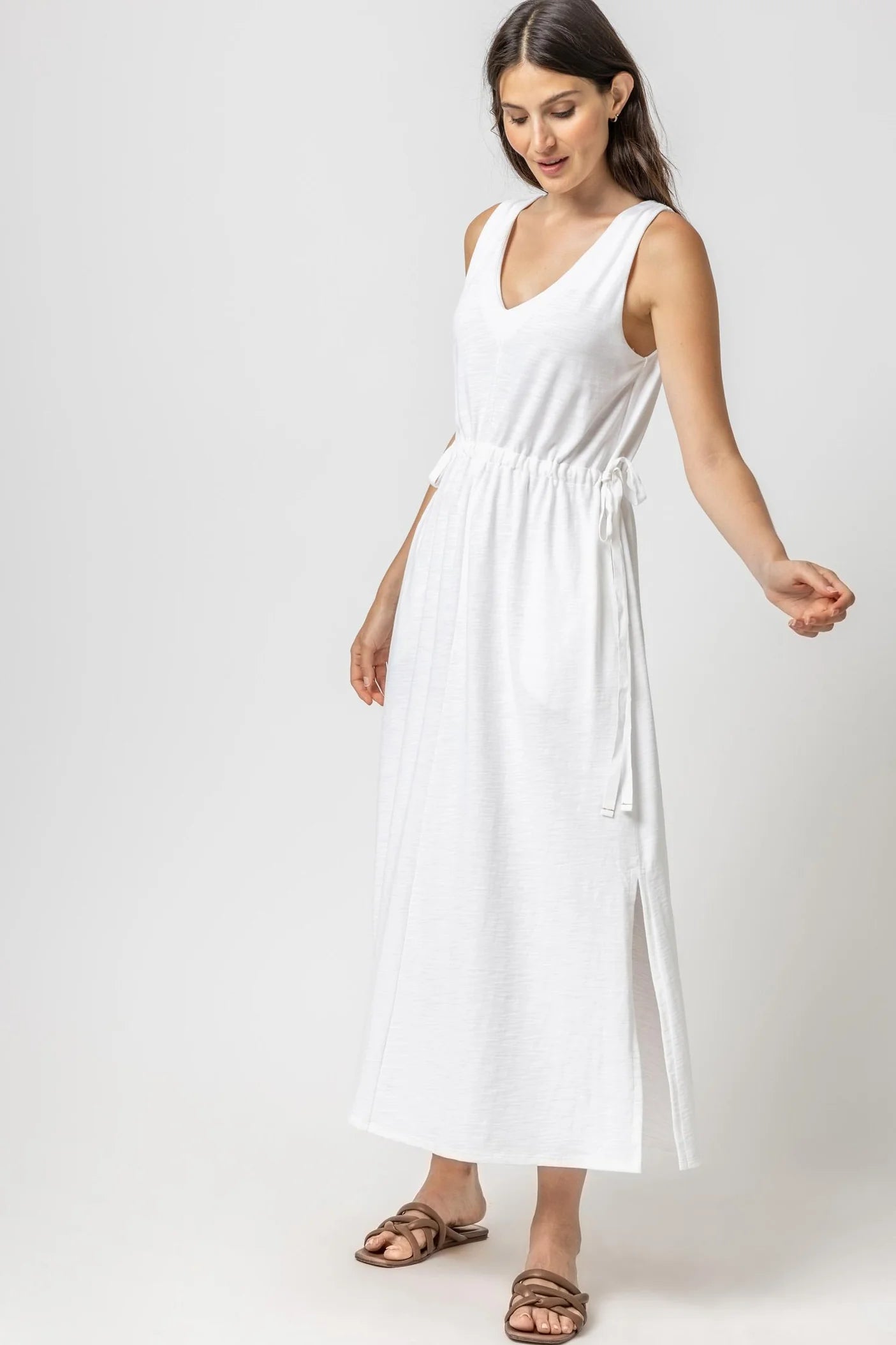 Drawcord Waist Maxi Dress in White Stylish Button-Up Maxi Dress