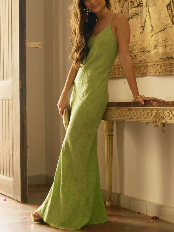 Elegant Lime Green Charming Jacquard V-Neck Maxi Dress Chic Summer Floral Maxi Dress