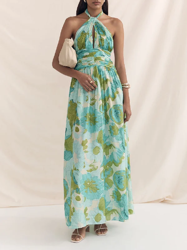 Elegant Versatile Halter Neck Graceful Printed Pleated Maxi Dress Classic Tulle Maxi Dress