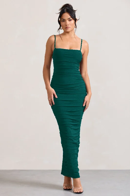 Ellis | Bottle Green Ruched Mesh Strappy Bodycon Maxi Dress Stylish Longline Maxi Dress