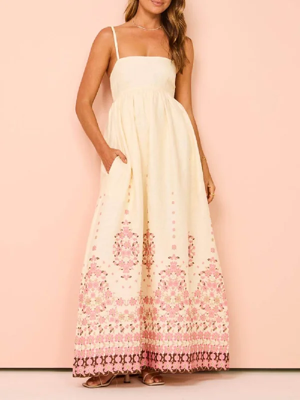 Ethnic Print Halter Charming Cream Extra Maxi Dress Trendy Floral Print Maxi Dress