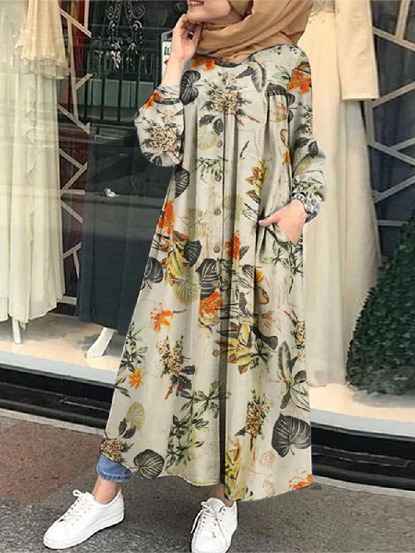 Floral Leaf Printed Button Down Front Kaftan Tunic Pockets Women Maxi Dress Stylish Long Sleeve Maxi Dress