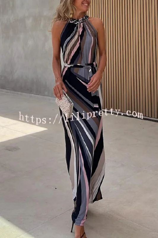 Flowing Elegance Colored Lines Printed Belt Halter Maxi Dress Elegant Boho Maxi Dress