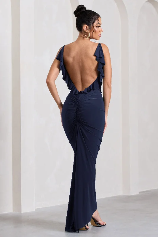 Flute | Navy Bodycon Maxi Dress With Ruched Ruffled Back Comfortable Cotton Maxi Dress