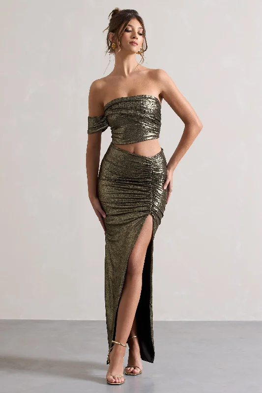 Gilded | Gold Metallic One-Sleeved Cut-Out Split Maxi Dress Elegant Tiered Maxi Dress