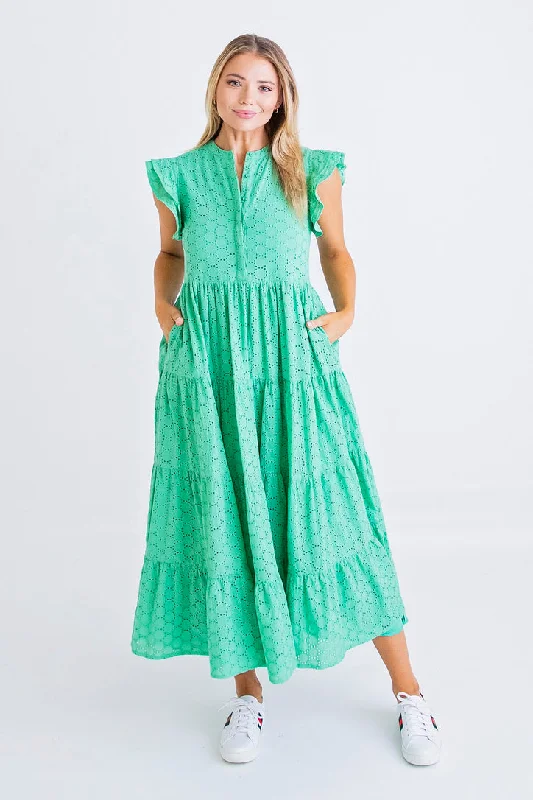 Green Eyelet Circle Tier Maxi Dress Fashionable High-Waist Maxi Dress