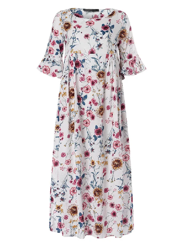 Half Sleeve O-neck Pleated Floral Print Vintage Women Maxi Dress Chic Off-Shoulder Maxi Dress