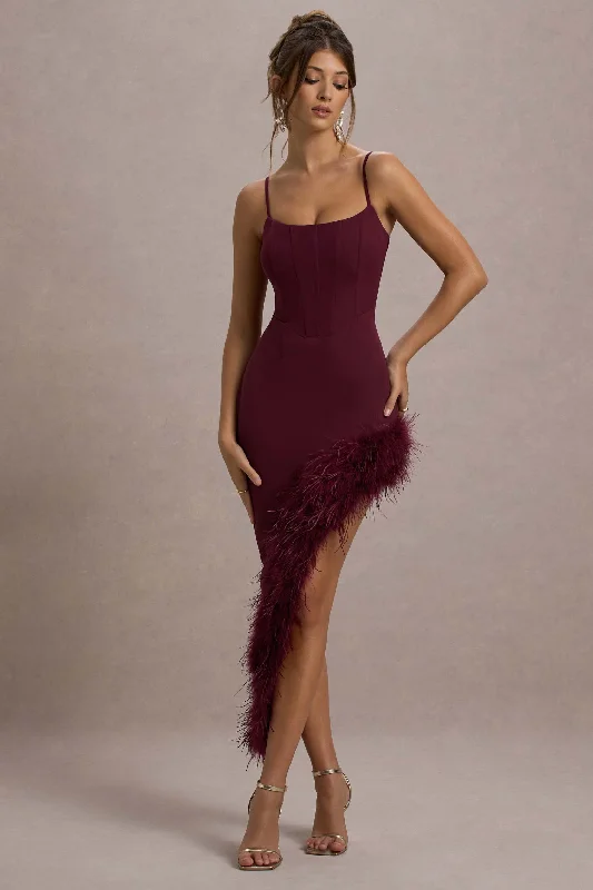 High Status | Burgundy Strappy Corset Asymmetric Maxi Dress With Feather Trim Comfortable T-Shirt Maxi Dress