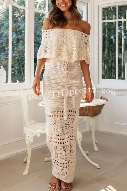 Lilipretty® Jolene Knit Crochet Texture Off Shoulder Drawstring Waist Maxi Dresses Trendy Off-Shoulder Ruffle Maxi Dress