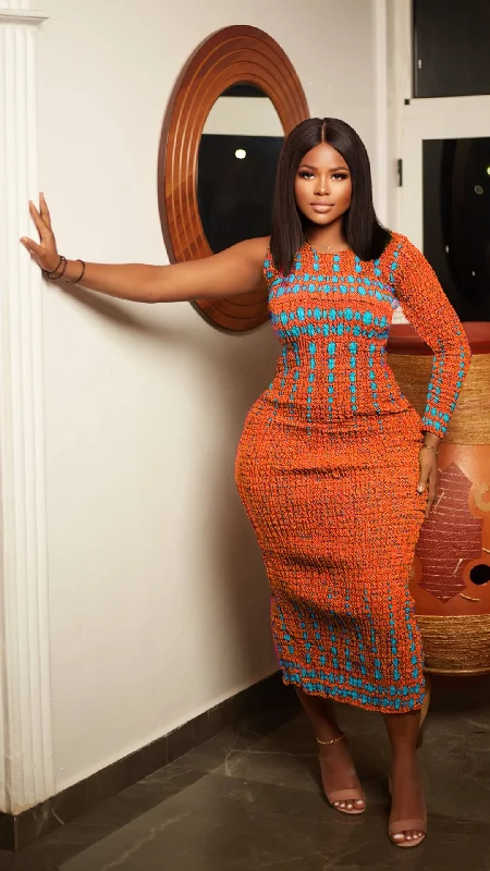 Kenya African Print Maxi Dress (Orange) Chic Button-Up Maxi Dress