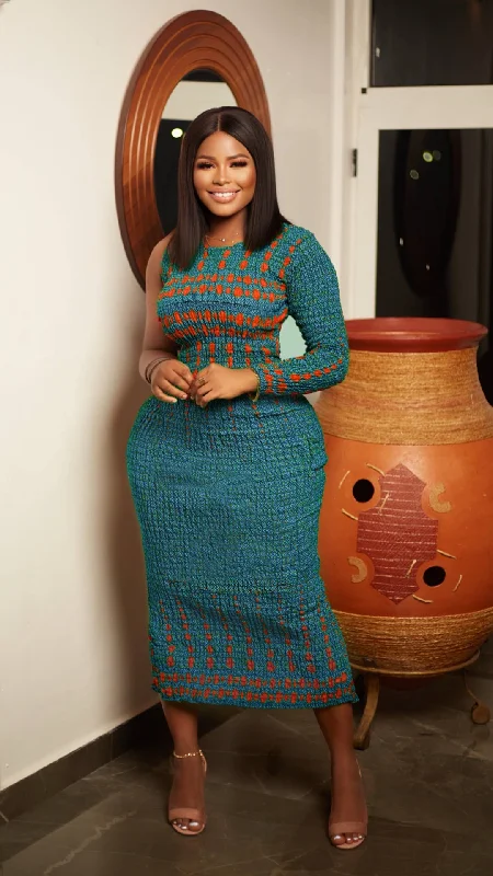 Kenya African Print Maxi Dress (Teal) Stylish Empire Waist Maxi Dress