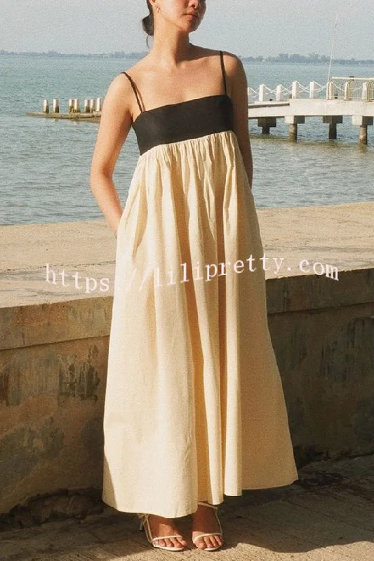 Linen Blend Sexy Sling Backless Contrast Maxi Dress Comfortable Ruffle Maxi Dress