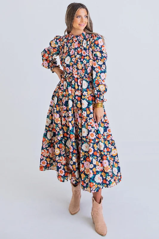 London Floral Smock Maxi Dress Trendy Fit-and-Flare Maxi Dress