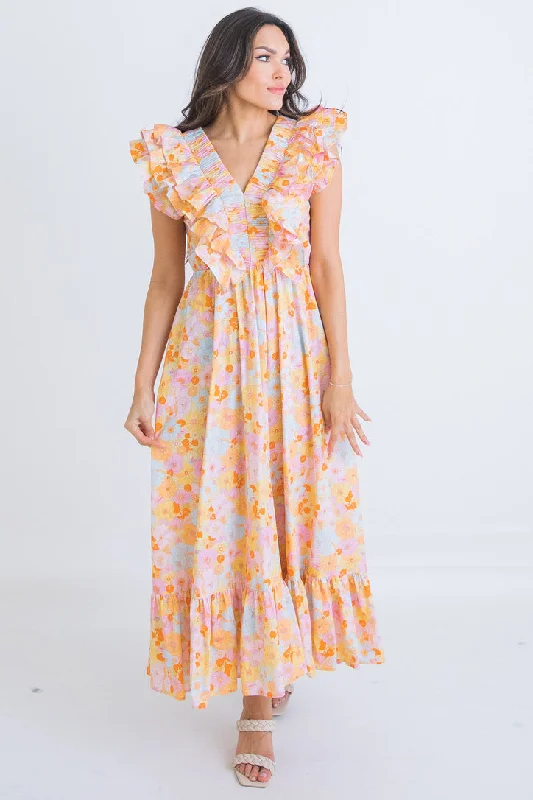 London Floral Vneck Maxi Dress Cozy Maxi Dress with Slit