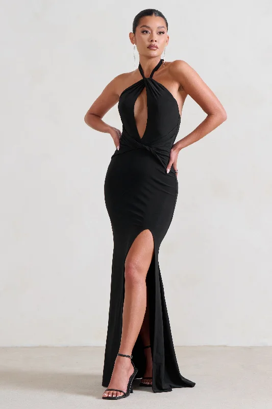 Luxuria | Black Halter Cut Out Maxi Dress Comfortable Pleated Maxi Dress