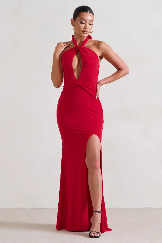 Luxuria | Red Halter Cut Out Maxi Dress Trendy A-Line Maxi Dress