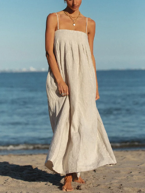 Offshore Pleated Strappy Charming Linen Maxi Dress Cozy Maxi Dress with Slit