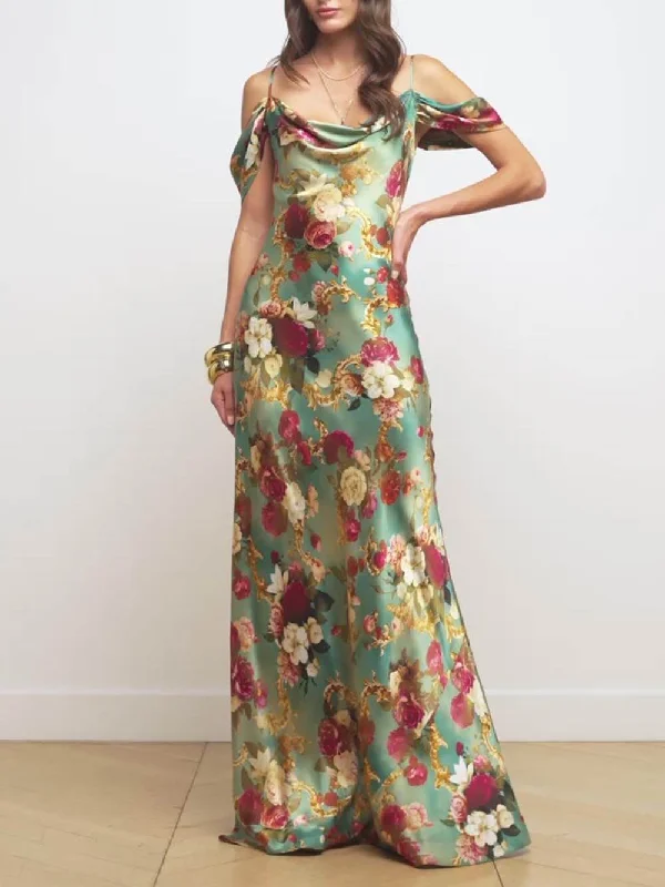 Radiant Off-The-Shoulder Stylish Printed Maxi Dress Trendy Ruffled Maxi Dress