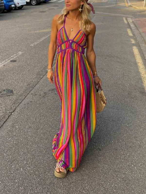 Rainbow Stripe Print Charming V-Neck Maxi Dress Chic Summer Maxi Dress