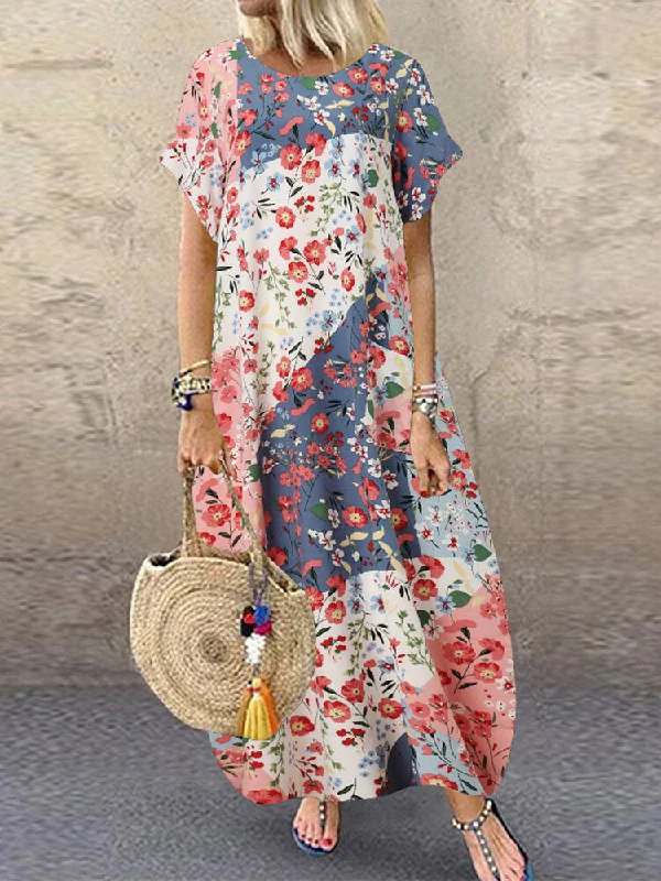 Retro O-neck Multicolor Floral Print Short Sleeve Loose Holiday Baggy Pocket Women Maxi Dress Trendy Short Sleeve Maxi Dress