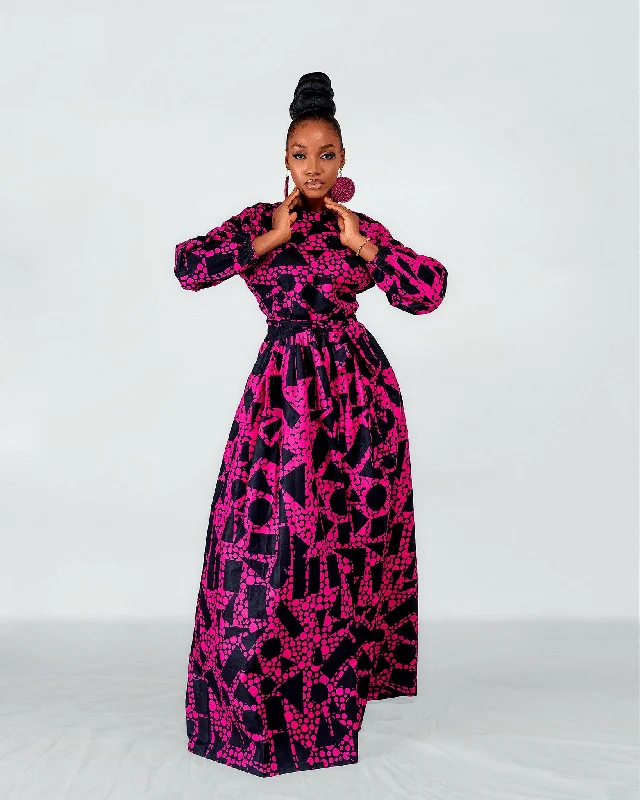 Royalty Ankara Maxi Dress | Pink and Black African Print Comfortable Maxi Dress with Belt