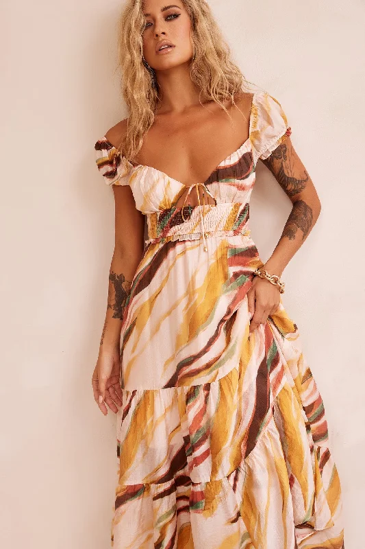 Ruffle It Up Maxi Dress - Yellow Multi Cozy Maxi Dress with Slit