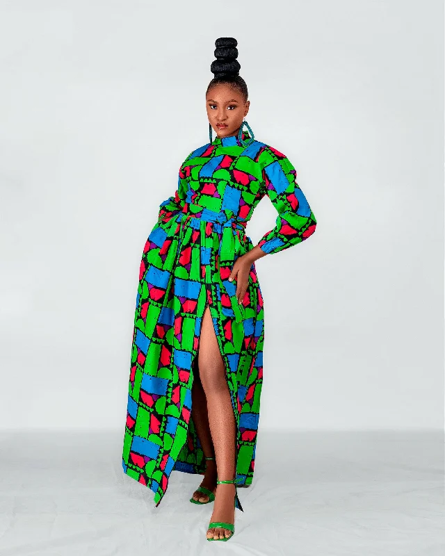 Rukky Ankara Maxi Dress | Green Red Multicoloured African Print Classic A-Line Maxi Dress