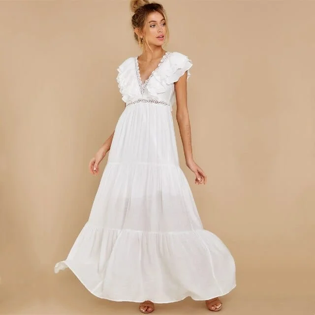 Sexy White Deep V-Neck Ruffle Maxi Dress Fashionable High-Waist Maxi Dress