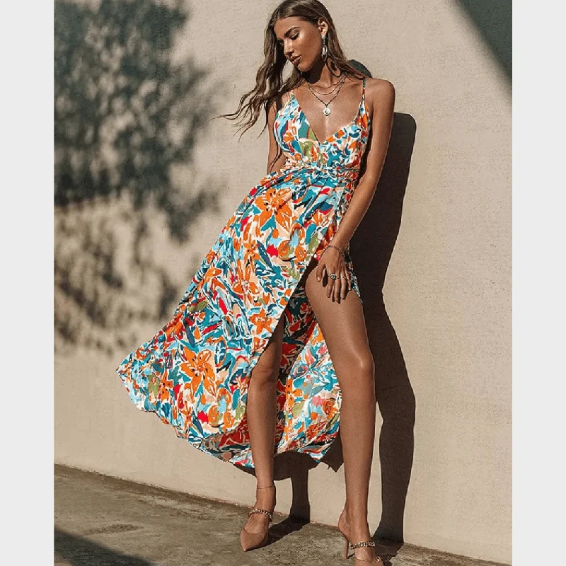 Spaghetti Strap Split Floral Boho Maxi Dress Cozy Maxi Dress with Slit