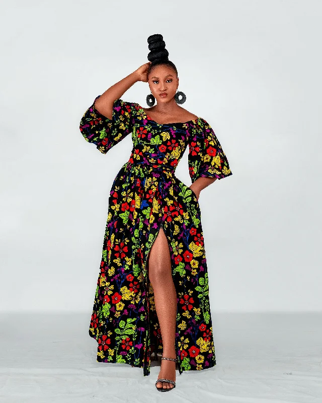 Tess Ankara Off Shoulder Maxi Dress | Green and Pink Multicolored African Print Chic Button-Up Maxi Dress