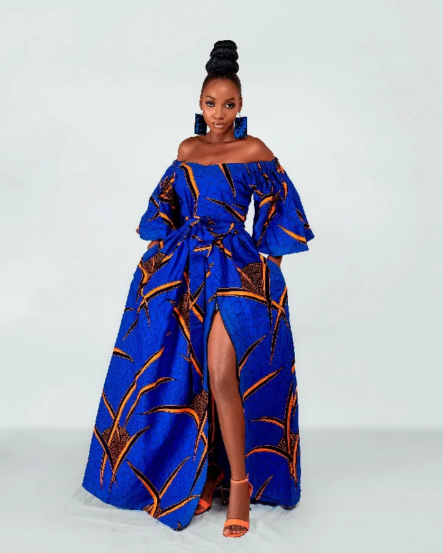 Toni Ankara Off shoulder Maxi Dress | Blue and Orange African Print Comfortable Bohemian Maxi Dress