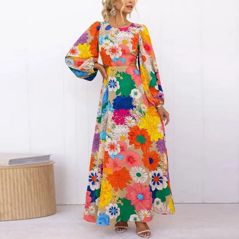 Vestidos Ladies Elegant Flower Print Sexy Slim Hollowed Out Bareback Maxi Dresses Autumn Women O-neck Lantern Sleeve Party Dress Trendy V-Neck Maxi Dress